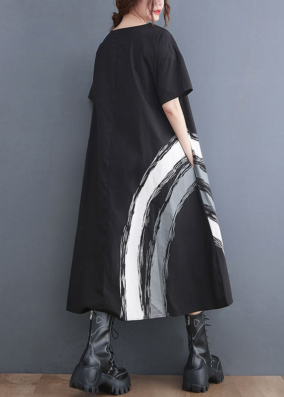 Modern Black O-neck Ruffled Print Cotton a Line Dress Short Sleeve