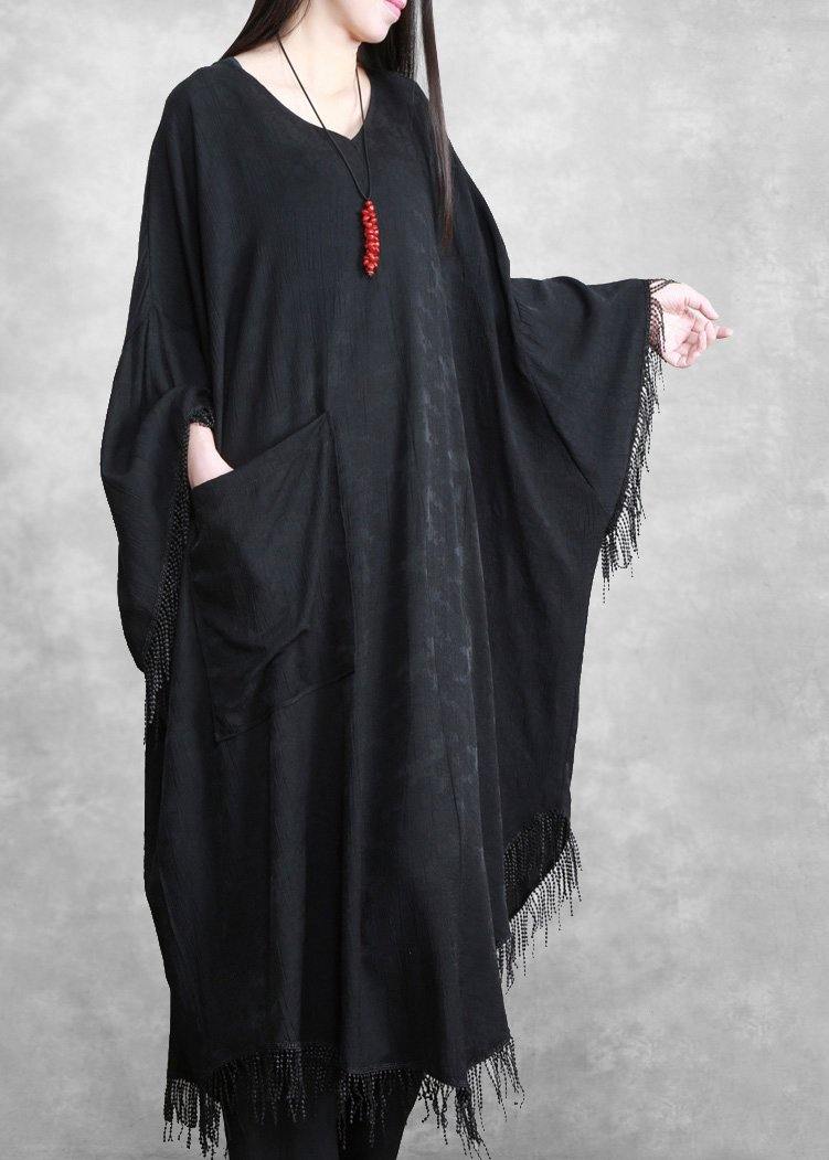 Black Tasseled Silk Linen Cape Dress Caftans Outfits