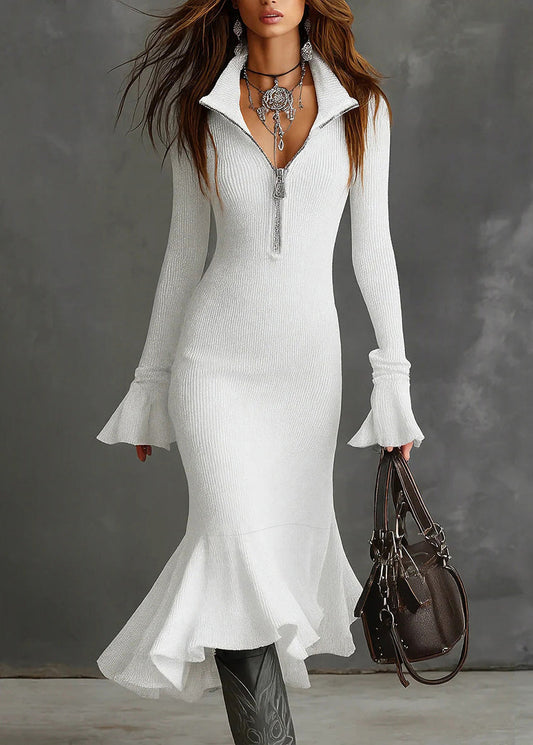 White Zip Up Patchwork Knit Dress Flare Sleeve