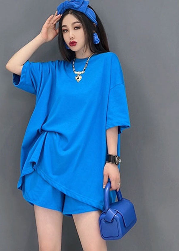 Blue O-neck Backless Cotton Tanks and Shorts Two-piece Set Summer