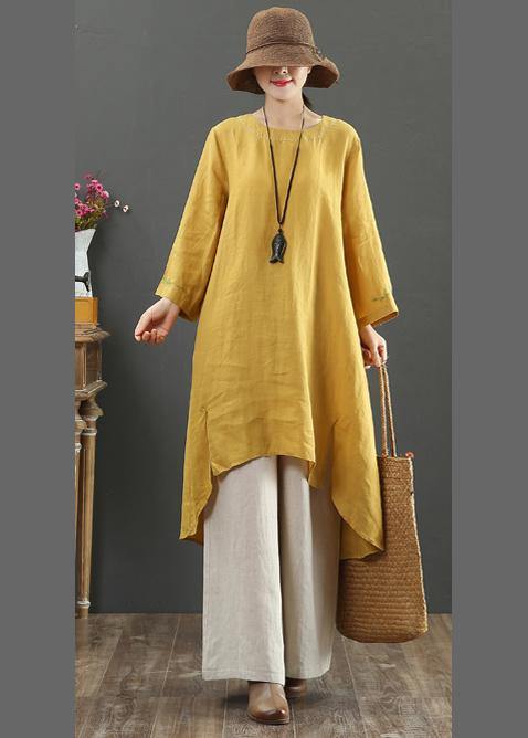 O Neck Low High Design Spring Clothes Shirts Yellow Embroidery Art Dress