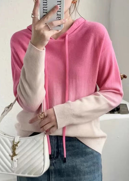 New Orange Gradient Color Hooded Patchwork Wool Knit Sweaters Fall