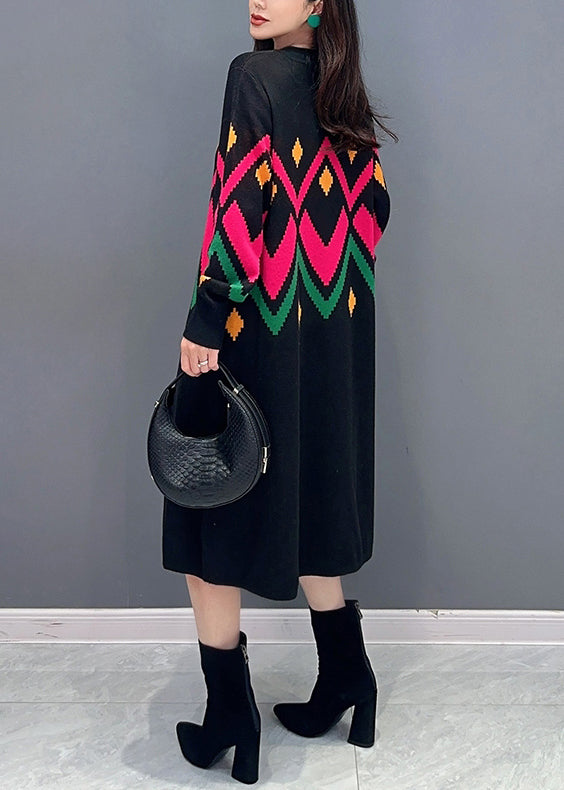 Loose Black O-neck Button Patchwork Knit Dress Fall