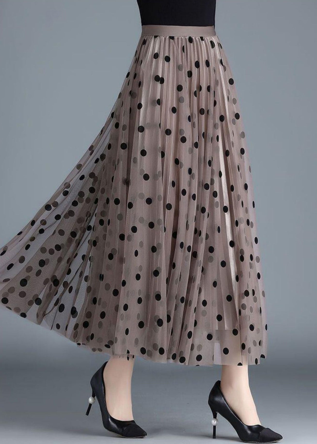 Coffee Dot High Waist Tulle Pleated Skirt Spring