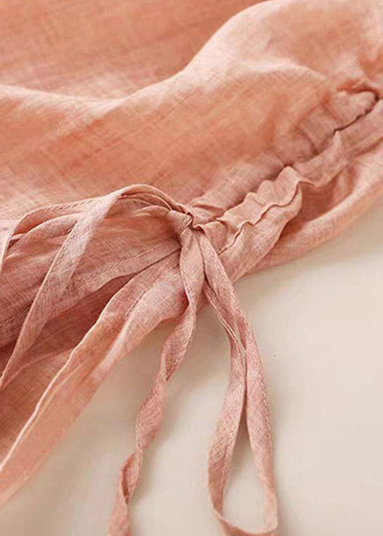 Pink Summer Cotton Dress Side Open Drawstring Short Sleeve