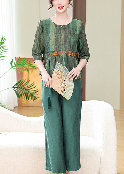 Green Print Pockets Cotton Two Pieces Set O Neck Half Sleeve