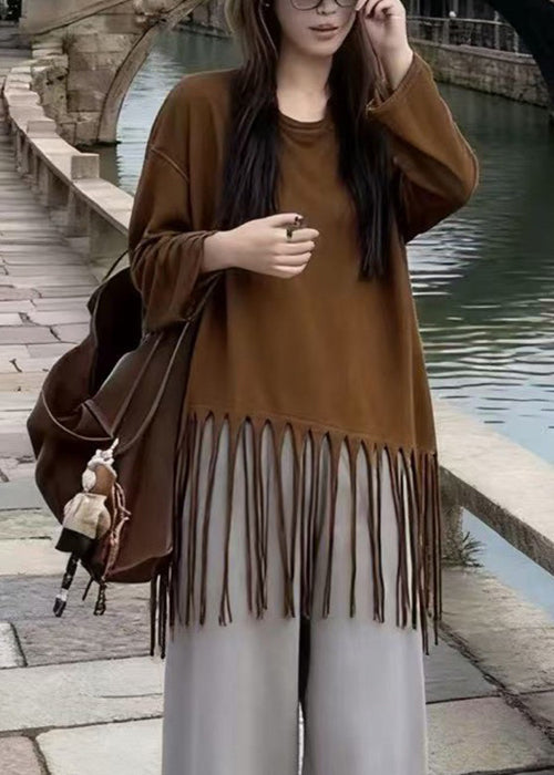 Loose Turmeric Tasseled Cotton T Shirt Spring