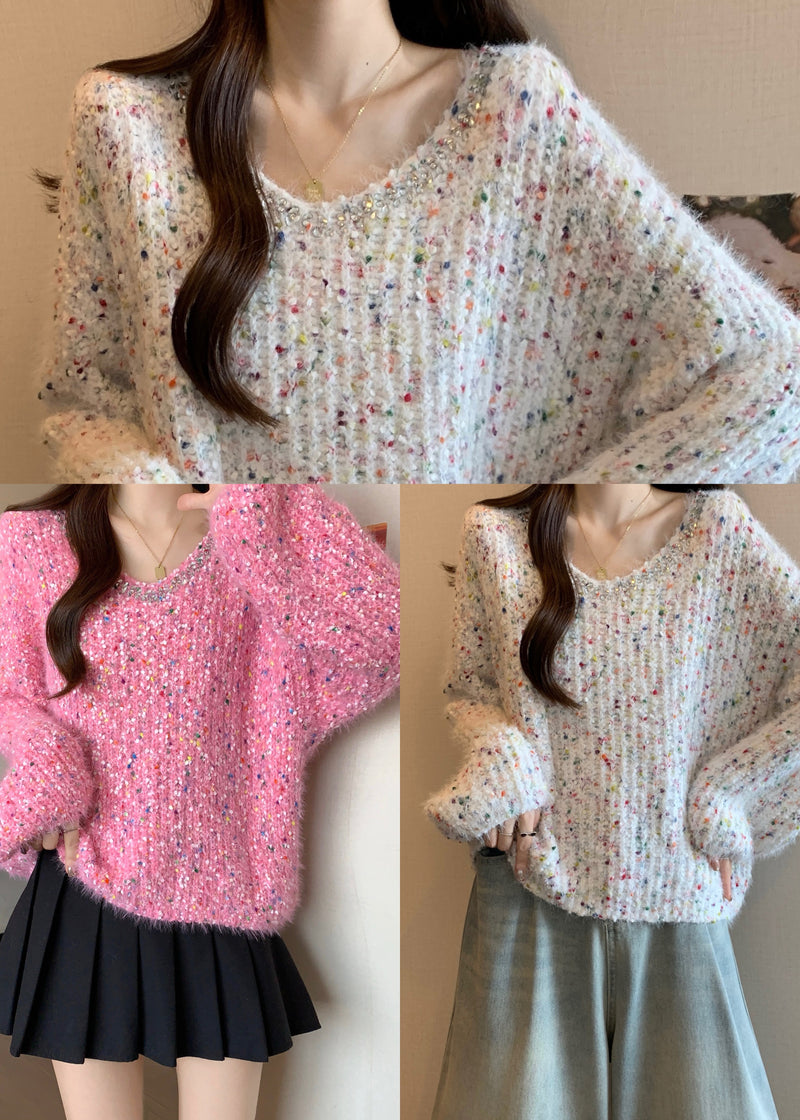 Fitted Rose Oversized Rhinestone Knit Short Sweater Fall