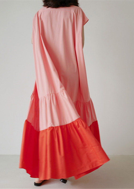 Natural O-neck Patchwork Pockets Wrinkled Cotton Long Dresses Short Sleeve