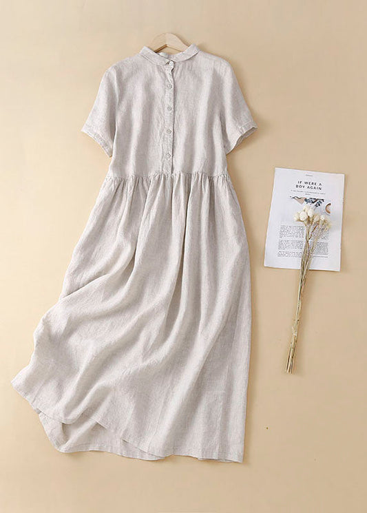 Linen Colour Linen Dresses Wrinkled Button Short Sleeve