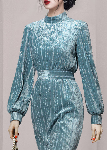Light Blue Stand Collar Ruffled Patchwork Velour Dress Fall