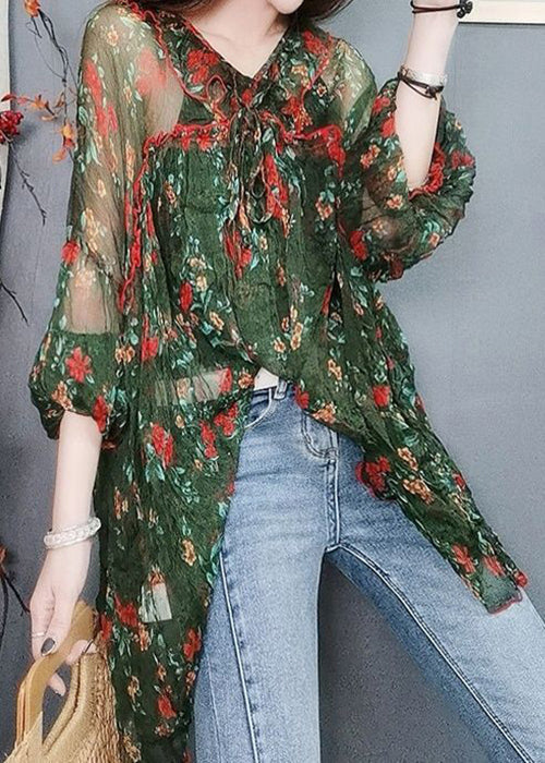 Green Print Lace Up Thin Chiffon Blouses Summer