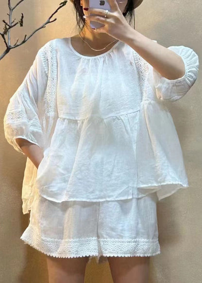 Loose Black O Neck Pockets Cotton Two Piece Set Half Sleeve