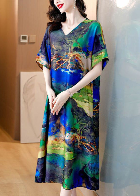 Green O Neck Print Cotton Blend Long Dresses Summer