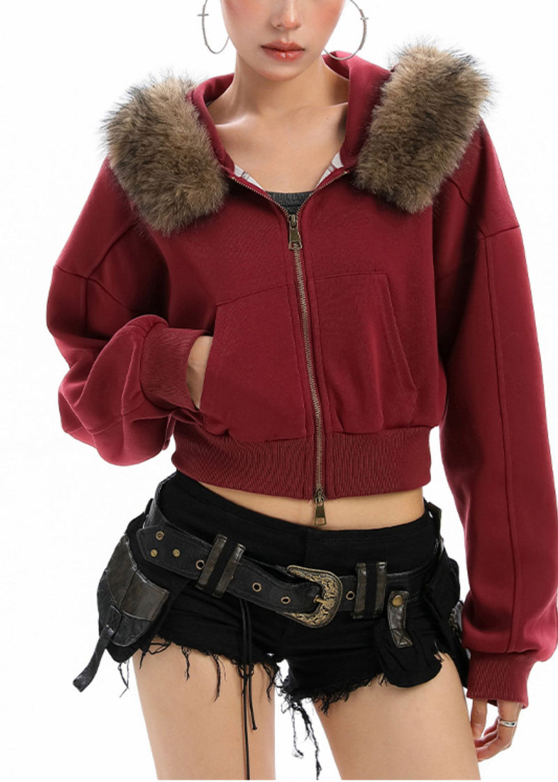Red Zip Up Patchwork Faux Fur Hooded Coat Winter