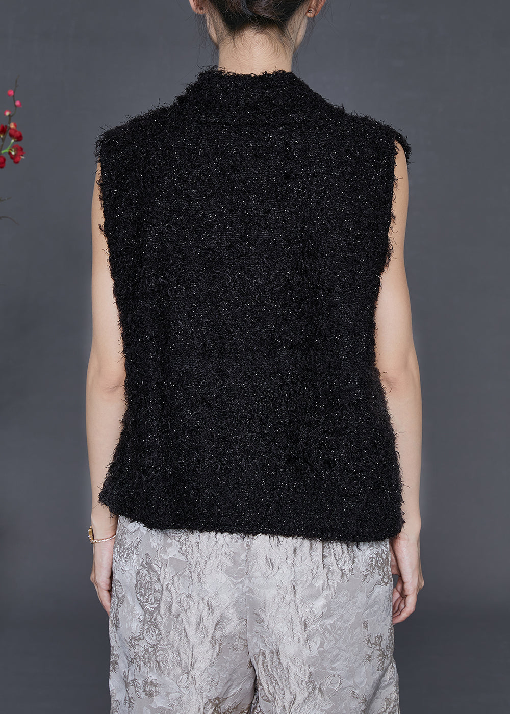 Black V Neck Warm Fuzzy Fur Fluffy Vest Spring