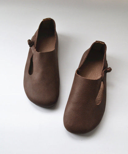 Apricot Cowhide Leather Splicing Flat Shoes for