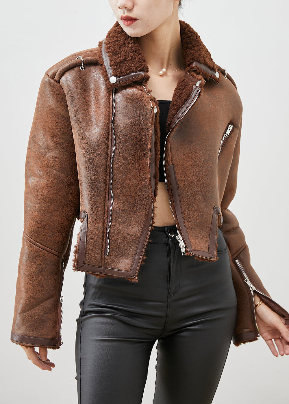 Brown Asymmetrical Zippered Faux Fur Coat Outwear Winter