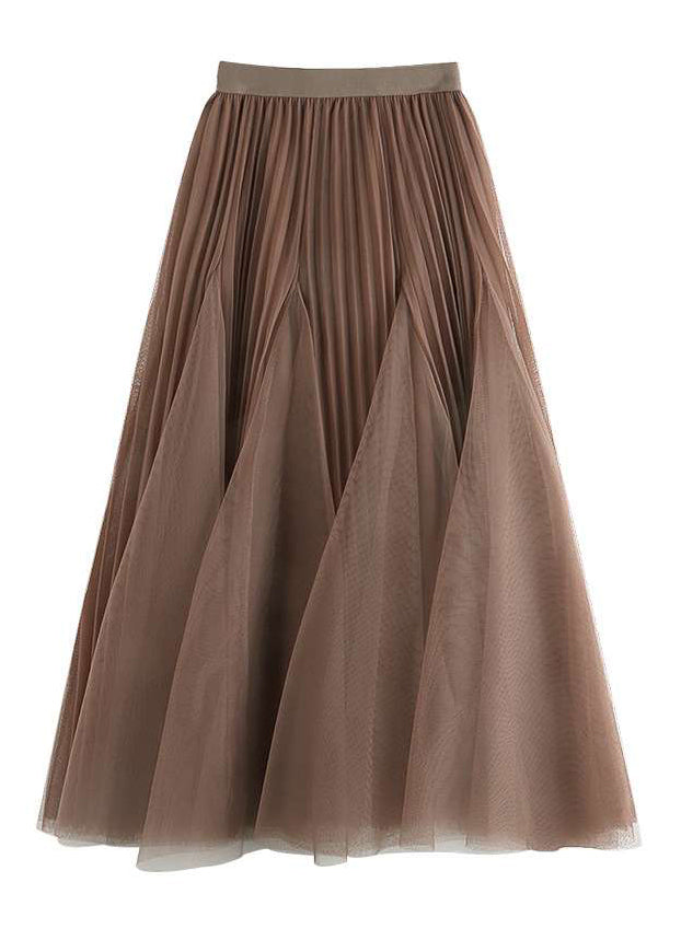 Brown Wrinkled Elastic Waist Tulle Skirts Spring