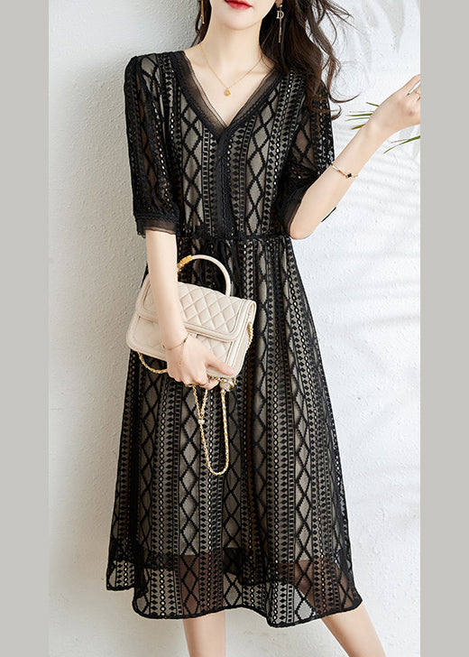 Black V Neck Tie Waist Silk Long Dress Half Sleeve