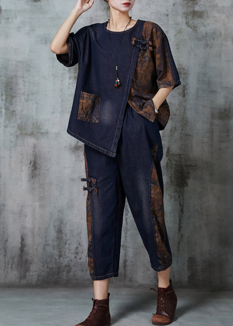 Navy Asymmetrical Patchwork Denim Two Piece Set Spring
