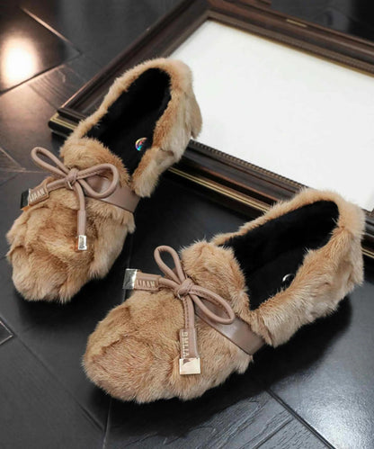 Khaki Mink Hair Splicing Penny Loafers Fuzzy Wool Lined