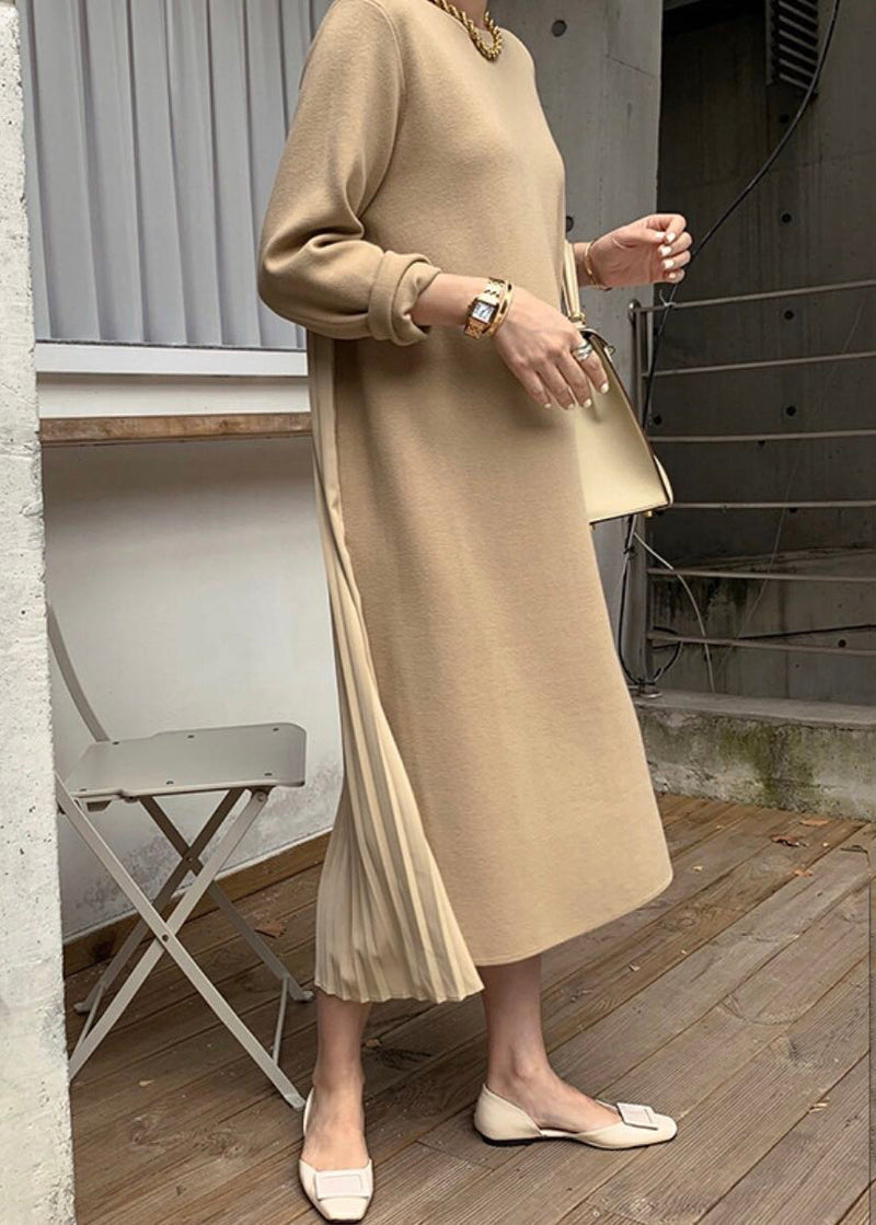 Yellow O Neck Wrinkled Patchwork Cotton Long Dress Winter