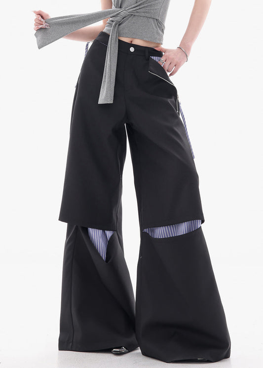 Modern Black Hole Patchwork Cotton Wide Leg Pants Fall