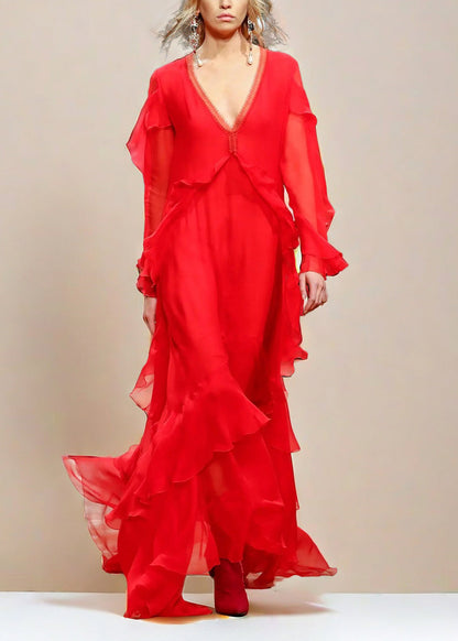 Red V Neck Ruffled Asymmetrical Patchwork Silk Dress Spring
