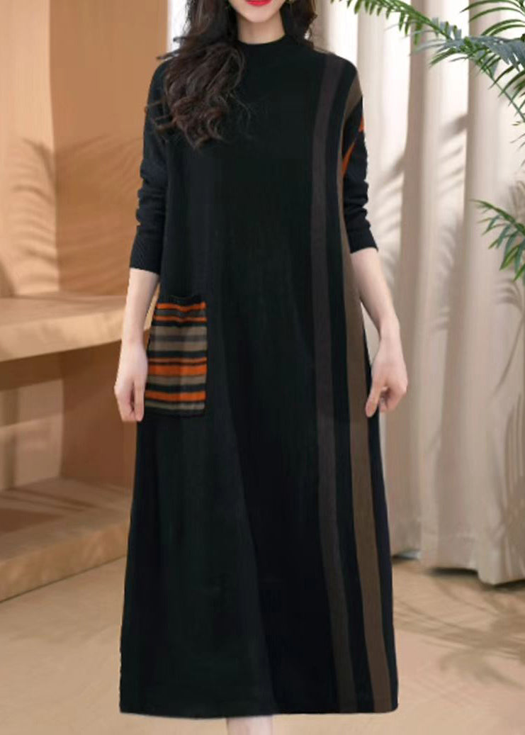 Black O-neck Striped Patchwork Thick Cotton Knit Long Dress Winter