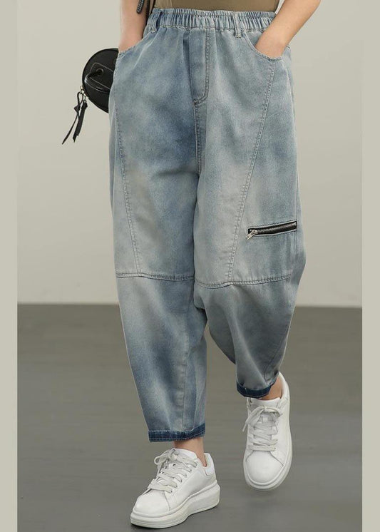 Natural Blue High Waist Zippered Harem Summer Pants