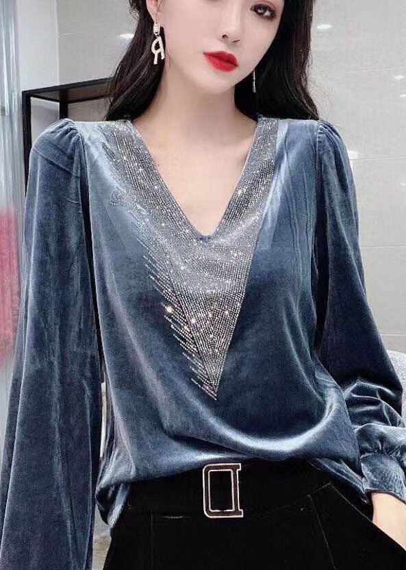 Black V Neck Sequins Silk Velour Top Long Sleeve