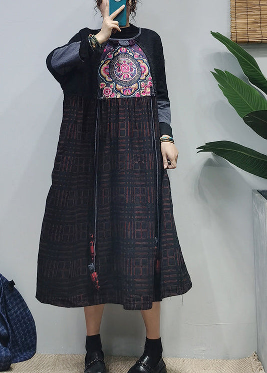 Black O-neck Embroideried Patchwork Jacquard Long Dress Long Sleeve
