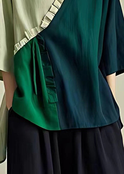 Green V Neck Ruffled Patchwork Shirts Summer