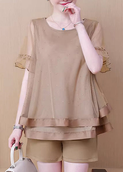 Khaki O Neck Ruffled Patchwork Tulle Two Pieces Set Summer