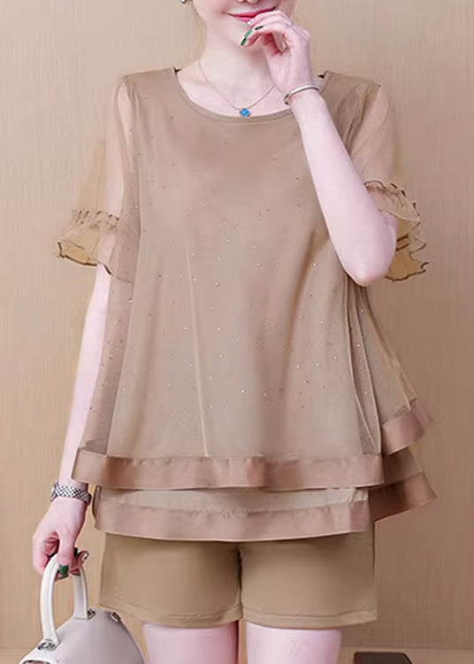 Khaki O Neck Ruffled Patchwork Tulle Two Pieces Set Summer