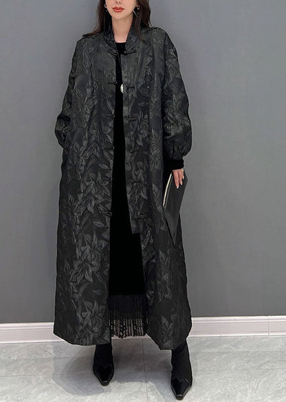 Black Oriental Button Jacquard Spandex Coats Fall