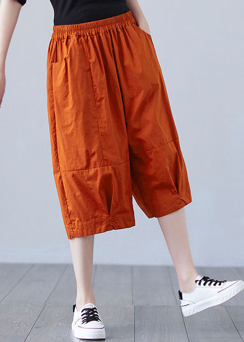 Orange Elastic Waist Patchwork Pockets Color Cotton Shorts Summer