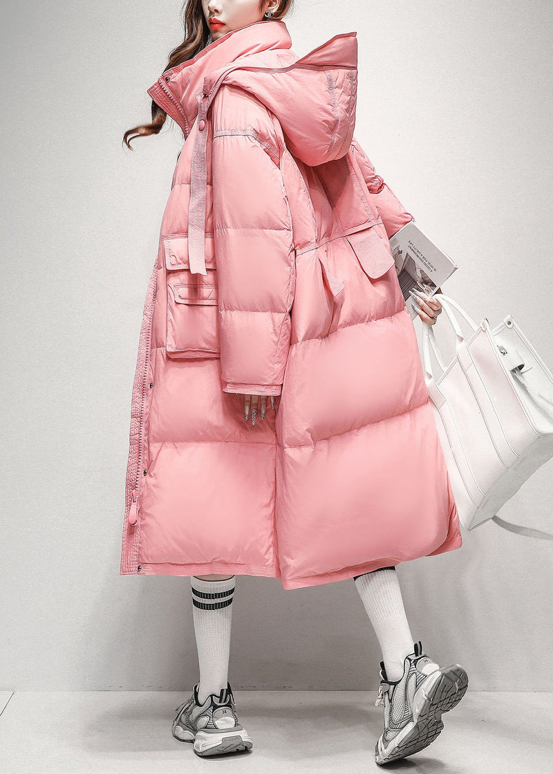 Loose Pink Hooded Pockets Duck Down Long Puffer Coat Winter