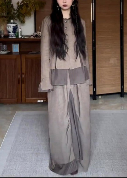 New Grey O Neck Ruffled Cotton Two Piece Set Long Sleeve