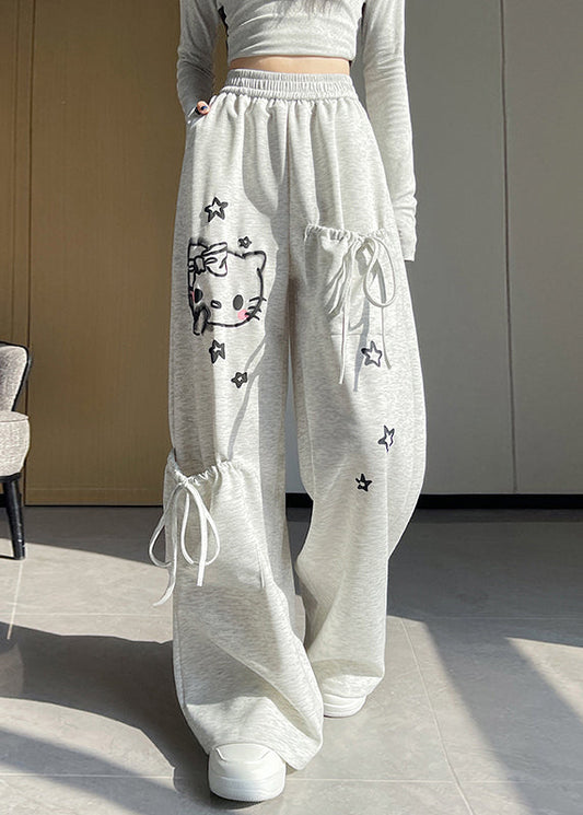Light Grey Elastic Waist Print Pockets Cotton Pants Fall