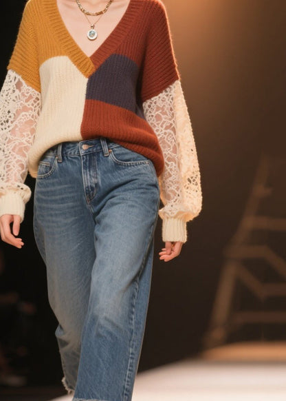 Colorblock Hollow Out Lace Patchwork Knit Sweater Fall