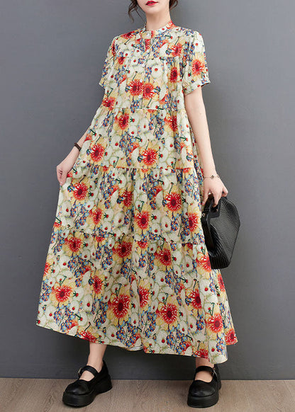 Fine Print Stand Collar Exra Large Hem Cotton Shirt Dresses Summer