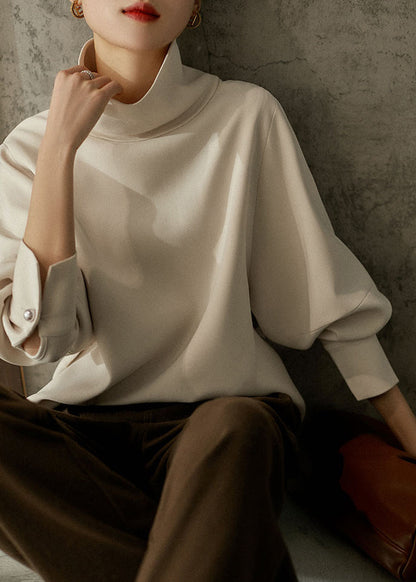 Loose Apricot Colour Turtleneck Button Nail Bead Sweatshirts Long Sleeve Spring
