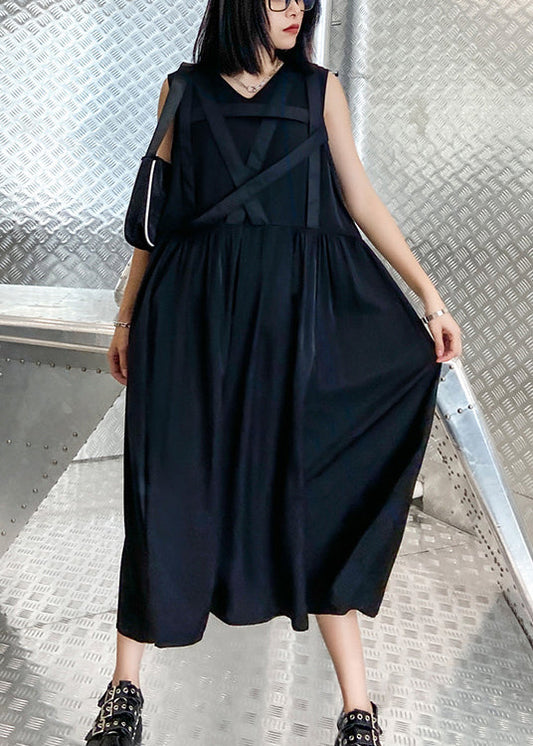 French Black V Neck Wrinkled Dress Sleeveless