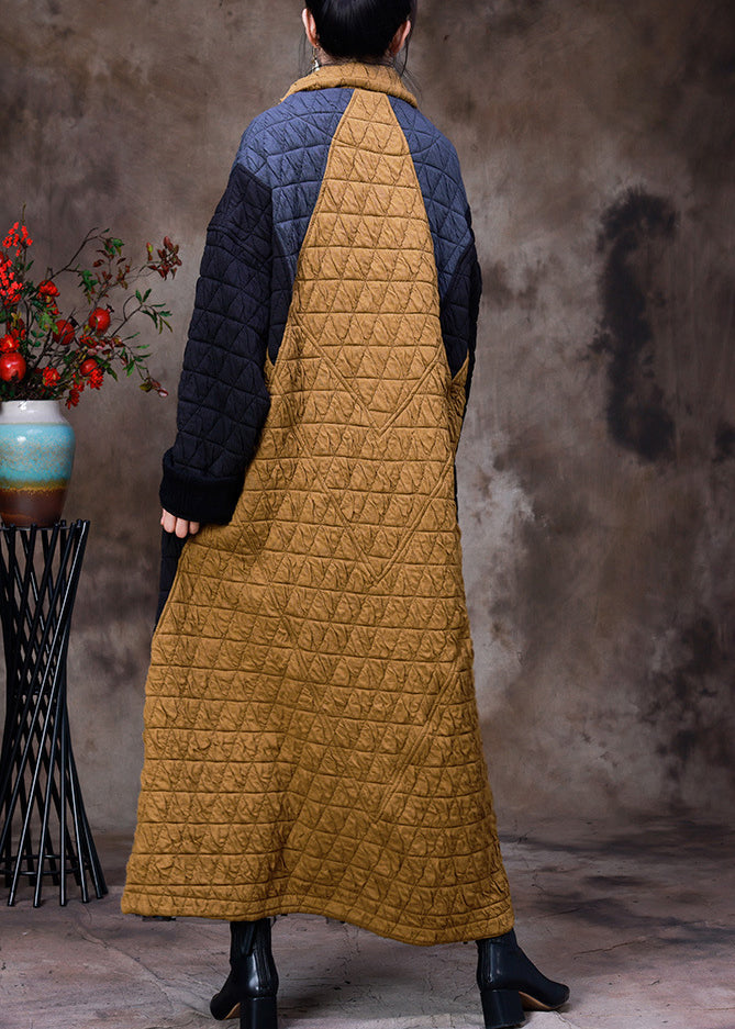 Yellow Stand Collar Patchwork Button Removable Cotton Maxi Coats Long Sleeve