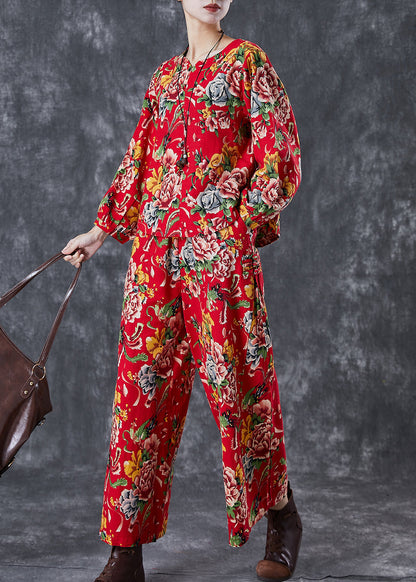 Chinese Style Red Print Oriental Linen Two Piece Set Fall