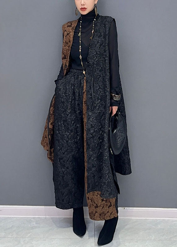 Classy Black Patchwork Brown V Neck Waistcoat and Wide Leg Pants Two Pieces Set Fall