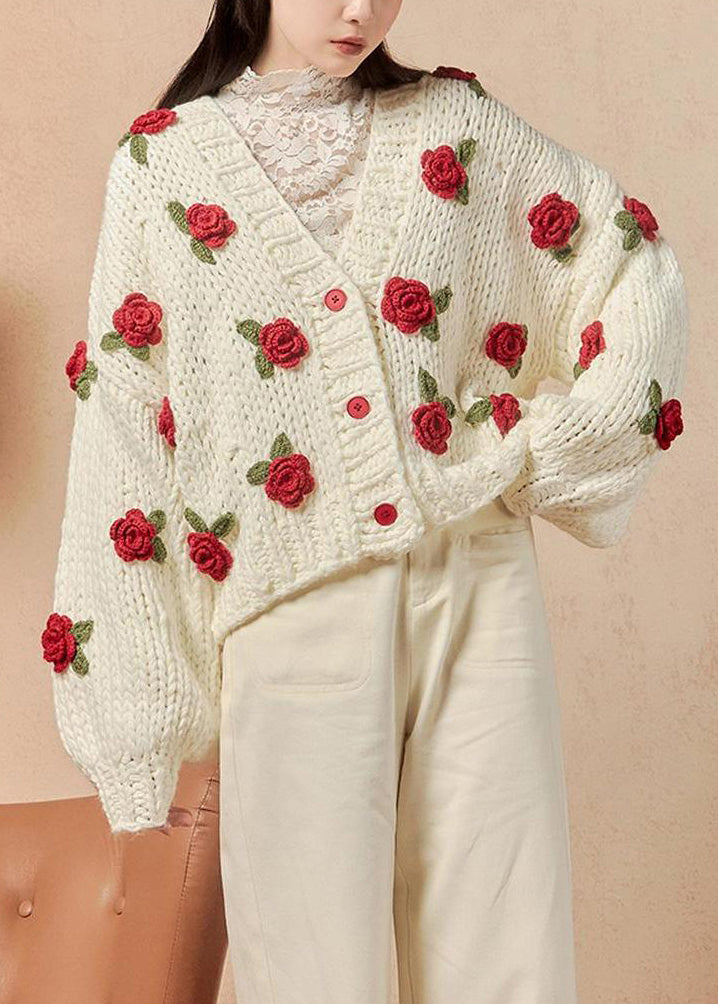 White V Neck Hollow Out Cotton Knit Cardigans Spring