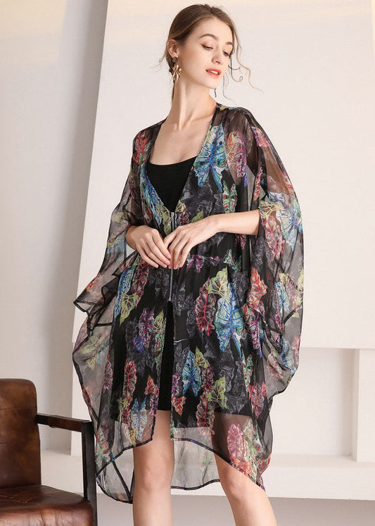 Black Oversized Print Hollow Out Tulle Cardigan Summer